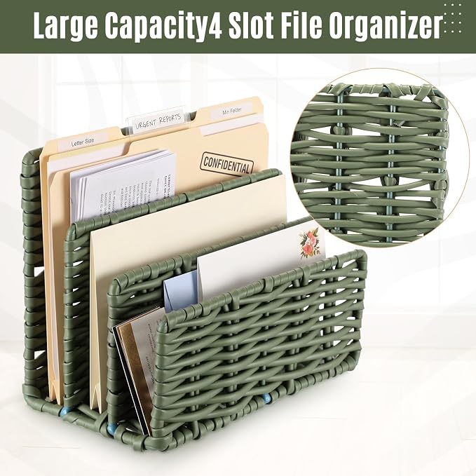 Paper Rattan Mail Organizer for Desk Mail Holder Countertop with 3 Slot Paper Rattan Letter Sorter File Holder Envelope Book Stand Farmhouse Office Desk Organizer and Storage Accessories