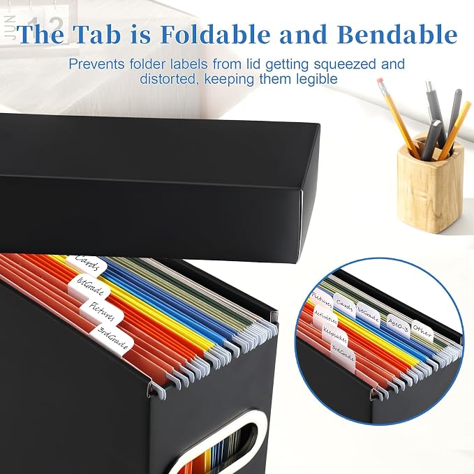 File Organizer Box with Lid & Handle, Thickened Cardboard Hanging File Folder Storage Boxes for Letter Size, Portable Filing Organizer for Office, Home, Classroom, Black 2 Pack