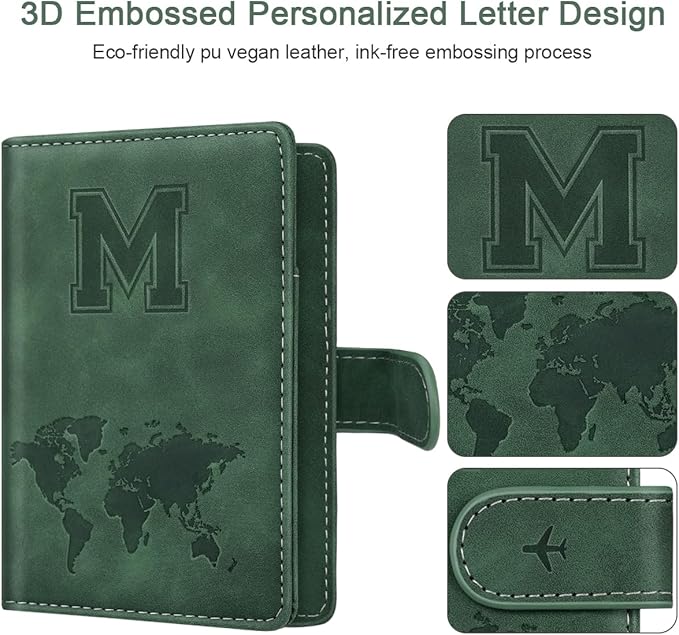 Personalized M Passport Holder Cover Initial Letter Travel Wallet RFID Blocking Passport Cover Credit Card Holder Case Passport Book Holders for Women and Men, Pine Green-M