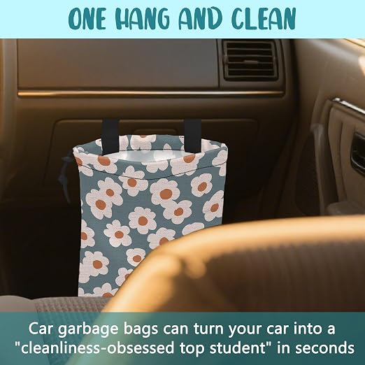 Car Garbage Bag Vintage Blue Floral Daisy Hanging Canvas Car Trash Bag Waterproof Drawstring Car Back Seat Organizer for Car Back Front Seat Console with Adjustable Buckle