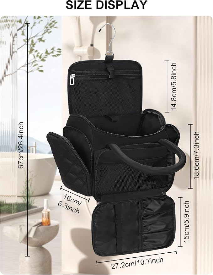 Travel Toiletry Bag for Women with Hanging Hook, Large Wide-open Travel Bag with 2 Removable Dividers, Puffy Makeup Bag Organizer with Compartments for Full Sized Container, Cosmetics, Toiletries