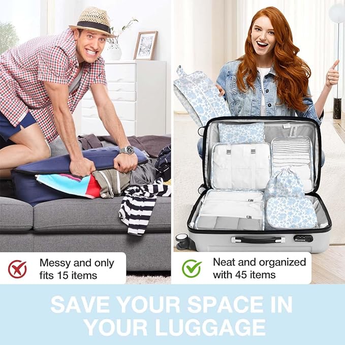 8 Set Packing Cubes for Suitcases,Packing Cube with Shoe, Cosmetics, Clothing, and Accessories Bags Packing Cubes for Travel Luggage Organizer Women Men(Blue Flowers)