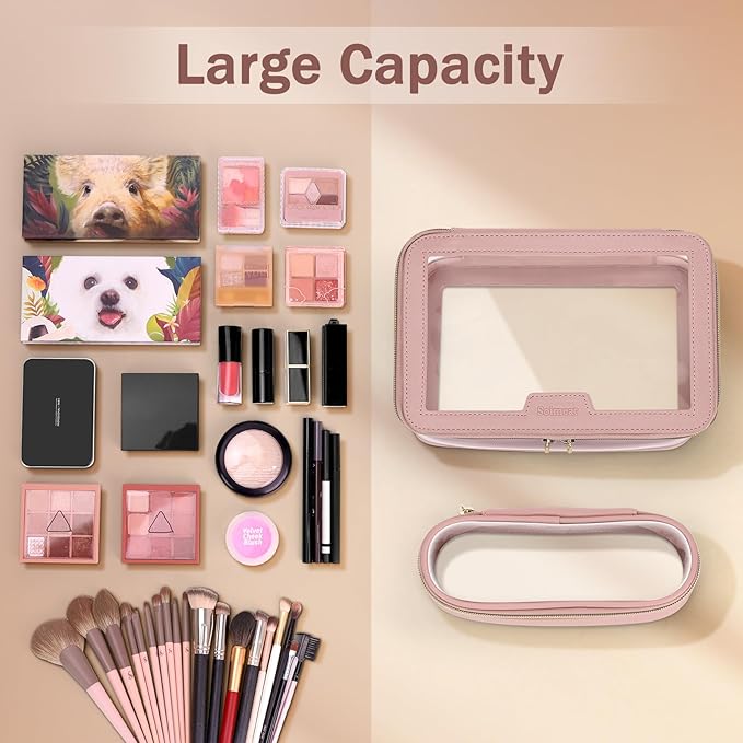 Soimeat Travel Clear Makeup Bag with Makeup Brush Bag, Leather Makeup Case Toiletry Bag, Portable Cosmetic Bag Case, Transparent Waterproof Cosmetic Organizer Storage Bag for Women, Pink