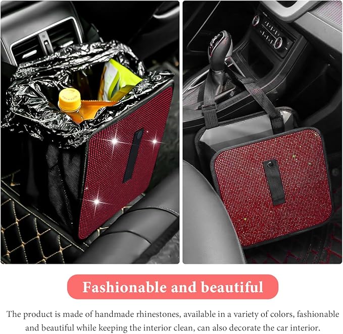 Car Foldable Trash Can, Bling Rhinestone Oxford Garbage Container Hanging Waterproof Organizer, Mini Crystal Dustbin Waste Basket Leakproof Trash Bin for Car Office Kitchen (Red)