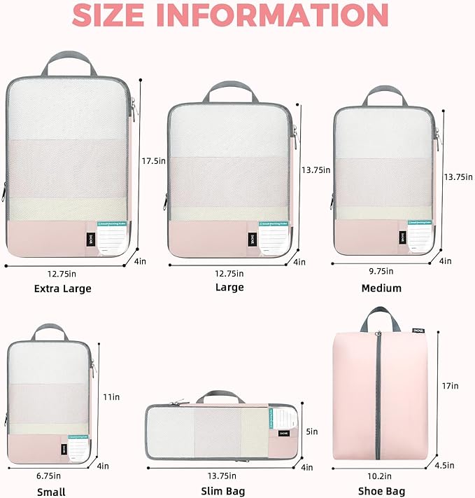 BAGAIL 6 Set Lightweight Compression Packing Cubes with Packing List, Anti-Tearing Expandable Organizer Bags for Travel, Pink