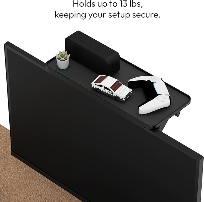 Pixio 12 inch Black Monitor Storage Top Shelf - Adjustable Platform, Universal Fit, Holds Up to 13lbs, Works on TV, Flat, Curved Monitors, Storage for Webcams, Clocks, Phone, Figures