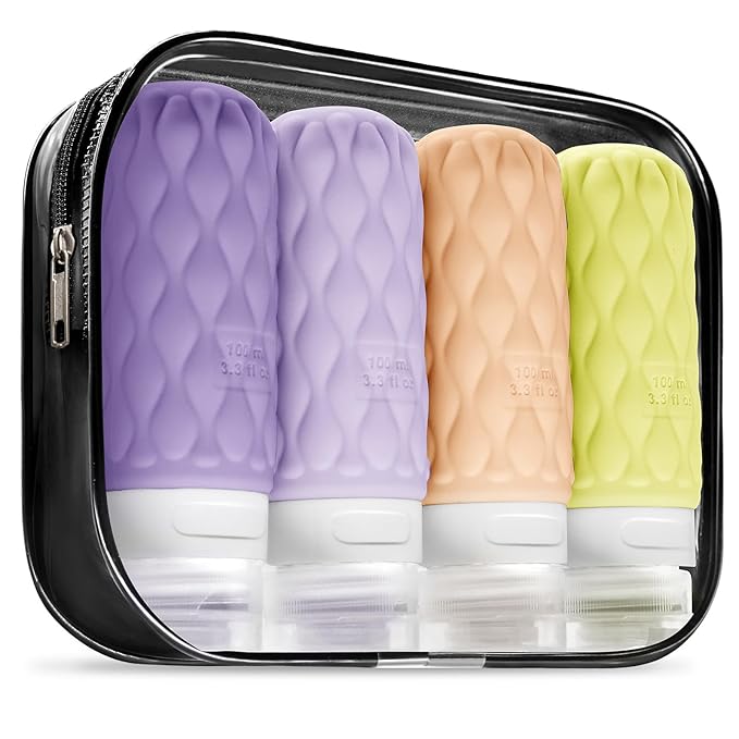 100 ml Silicone Travel Bottles for Toiletries with Labels/Clear Bag, Holiday Travel Essentials Leakproof Refillable Squeeze Travel Size Containers Set for Shampoo and Conditioner