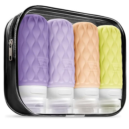 100 ml Silicone Travel Bottles for Toiletries with Labels/Clear Bag, Holiday Travel Essentials Leakproof Refillable Squeeze Travel Size Containers Set for Shampoo and Conditioner