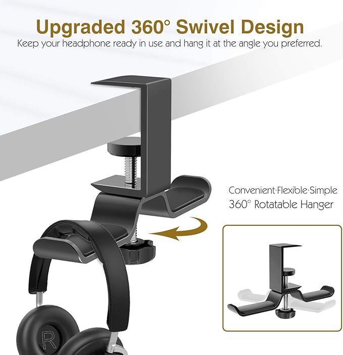 MoKo Headphone Hanger, Aluminum 360° Rotating Dual Headphone Stand Under Desk Headset Holder Earphone Mount with Adjustable Clamp for All Headphones,PC Gaming Headphone - Black