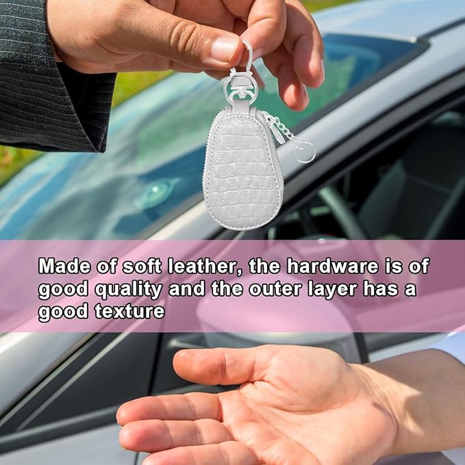 Leather Car Keychain Case Holder - Keyring Zipper Bag Auto Key Fob Cover Case with Metal Hook - Car Key Case Smart Key Fob Protector for Remote Key Fob (White)