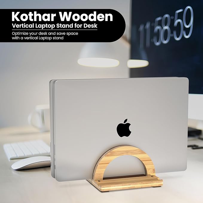 Kothar Premium Wood Vertical Laptop Stand - Adjustable Dual Slot Bamboo Holder for MacBook, Dell, HP, and More | Space-Saving Desktop Organizer | Eco-Friendly, Sleek & Durable Design