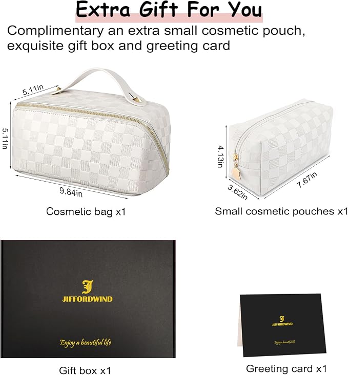 Checkered Travel Makeup Bags Cosmetic Organizer Bag: 2-Set Large Capacity Waterproof Makeup Bag - PU Leather Toiletry Bag for Women - Wide Open Portable Pouch with Handle and Divider (WHITE)