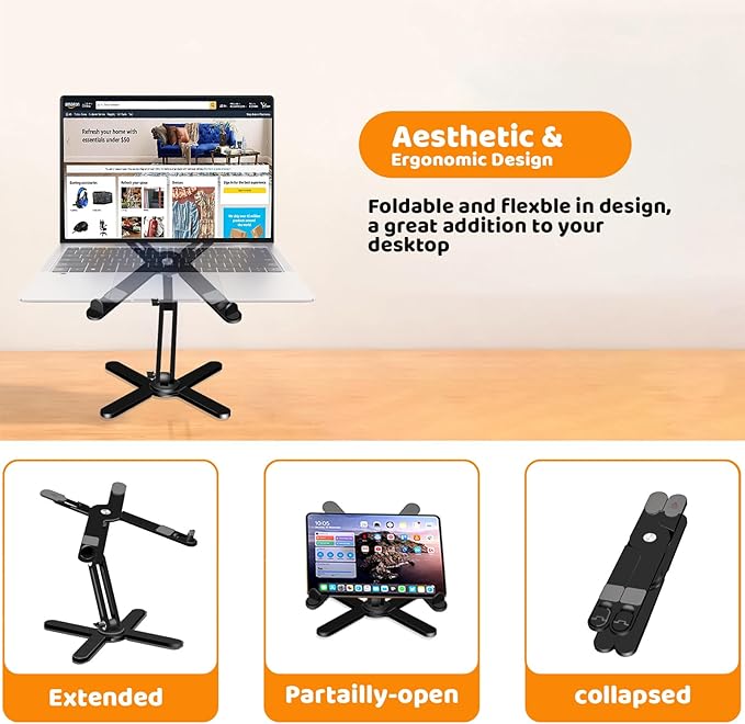 Moallia N86 360 Rotating Laptop Stand, Adjustable Height & Angle, Ergonomic Metal Riser for Desk Collaborative Work, Fully Foldable for Easy Storage, Fits All MacBook & Laptops up to 16 inches, Black