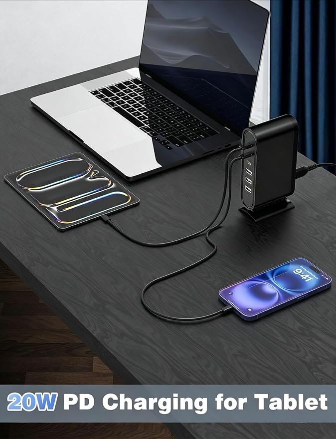 Essri 6-Port GaN USB C Charging Station,USB C Charger Block,PD 20W Desktop Charger, Power Strip Adapter Compatible with iPhone 17/16/15/14,for Samsung Android,More,with 2 x 3Ft C Cable