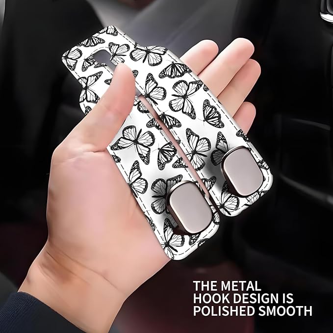 Car Seat Headrest Hook, Universal Leather Cute Hanger Holder Hook, Storage Organizer Interior Accessories for Purse Bags Handbag Black White Cute Butterfly