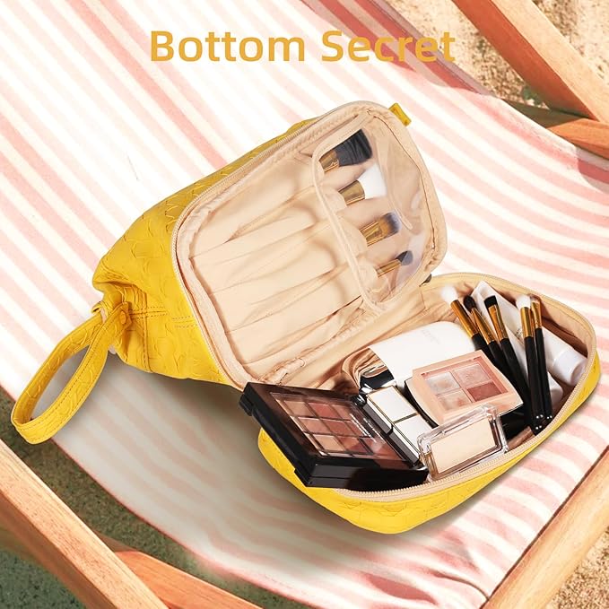 Abiudeng Large Capacity Makeup Bag Ladies Cosmetic Bag Travel Bag with Compartments Portable PU Leather Travel Makeup Bag with Handle