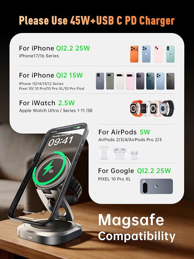 REWONDER Qi2.2 25W Magnetic 3-in-1 Wireless Charger, Foldable Aluminum Charging Stand for iPhone 17/16/15, Pixel, Apple Watch & AirPods, Strong Magnet Stable Base,Travel Charger (Adapter Not Included)