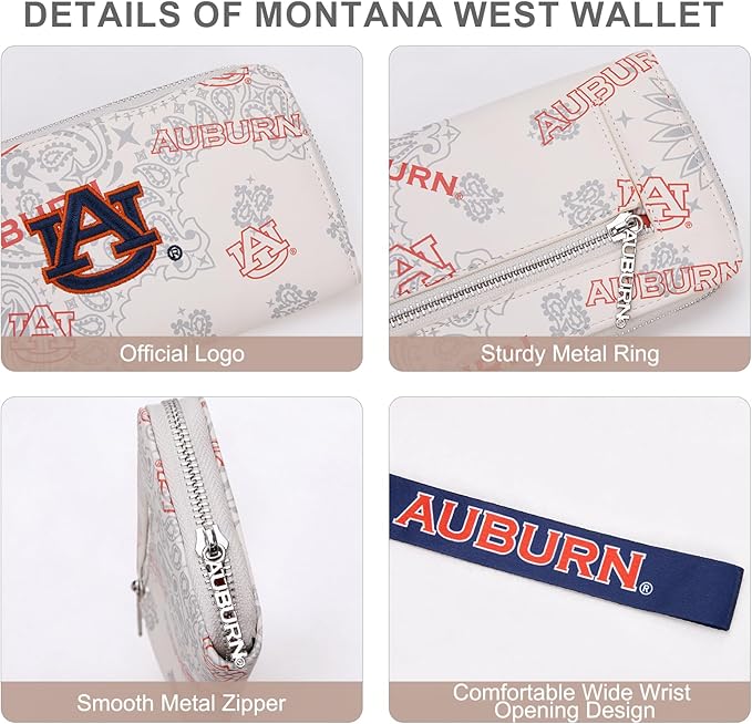 Auburn Organizer Wallet with RFID Blocking Card Slot & Keychain, Auburn Team Logo Wristlet Wallet, Zip Clutch Purse for Gift, Game Day, Travel | Beige, NC-AU011BG