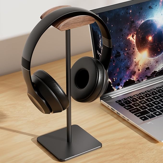 Headphone Stand for Desk - Headset Stand with Aluminum Hanger and Wooden Support, Headphone Holder for AirPods Max, Sony, Bose, Beats and More (Black)