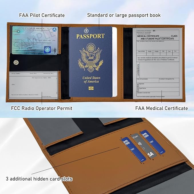 Pilot Wallet Passport Holder RFID Blocking Nappa Leather Travel Wallet, Stylish Travel Companion for Aviation Professionals (Brown)