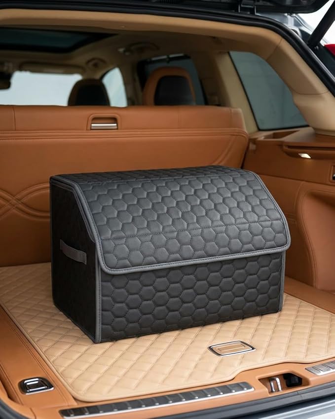Owleys Cargo Organizer 17.7" - Compact Storage Totes With Lids For SUV, Sedan Or Truck - Durable Car Crate For Travel Essentials - Unique Gifts For Dad (Black 17.7)