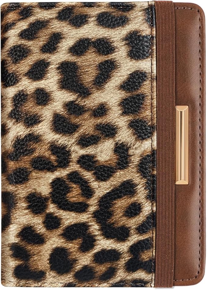 Women's Leopard Print Passport Holder Cover with RFID Protection, 4 Card Slots, 1 Cash Holder, 1 Boarding Pass Holder