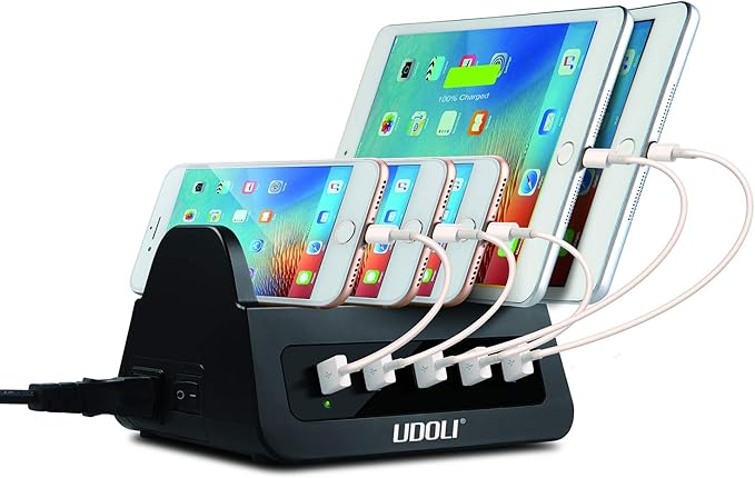 5 USB Ports Charging Station Organizer for Multiple Devices Fast Charging Desktop Stand for Apple Android Phone Tablet 1600W 2 AC Power Outlets Charger Dock for Home Office 3 Prong Cord Black
