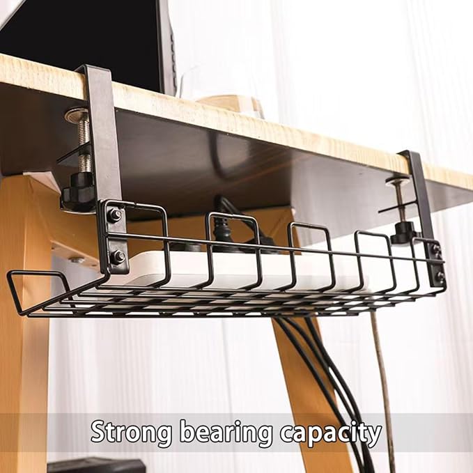 No-Drill Hanging Carbon Steel Cable Organizer Rack for Under Desk – Black, Large Capacity, Multi-Functional