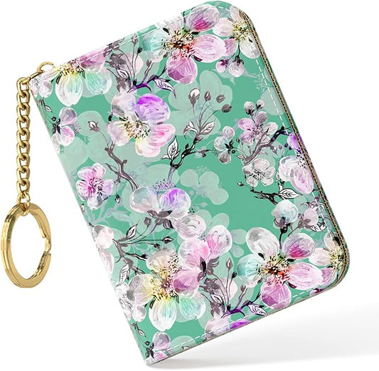 Nipichsha Women's Small RFID Blocking Credit Card Wallet, Plum Flower, Leather, Slim and Compact Size, 12-Slot with Privacy Protection