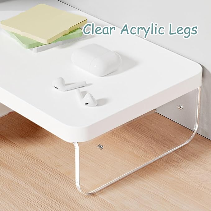 ROYUMI Corner Monitor Stand - Clear Acrylic Leg & Wood Screen Stand, L-Shape Desk Triangle Riser for Monitor/Laptop/Computer, Organizer With Drawer (Brown)