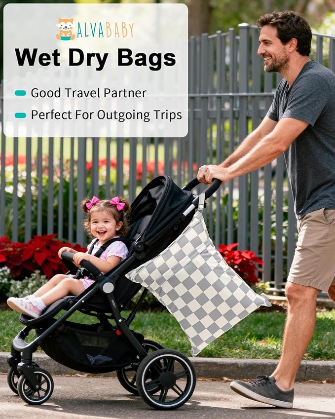 ALVABABY 3 pcs Cloth Diaper Wet Dry Bags Waterproof Reusable with Two Zippered Pockets Travel Beach Pool Daycare Soiled Baby Items Yoga Gym Bag for Swimsuits or Wet Clothes Small Medium Large 3L-SML17