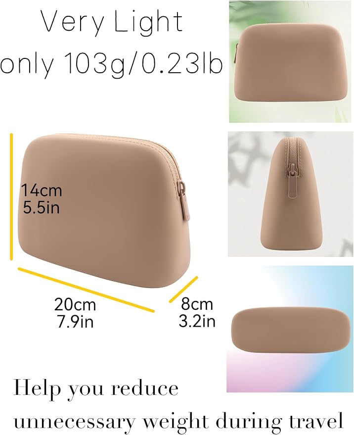 Foldable Silicone Makeup Bag Large Capacity and Lightweight Toiletry Bag for Travel Waterproof Cosmetic Bag with Zipper for Women Girls (Khaki)
