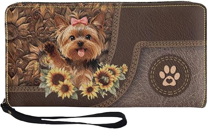 Bulopur Sunflower Yorkshire Wallet for Women RFID Blocking Leather Large Capacity Card Holder Ladies Phone Clutch Travel Long Purse Wristlet Christmas Gifts for Dog Lovers