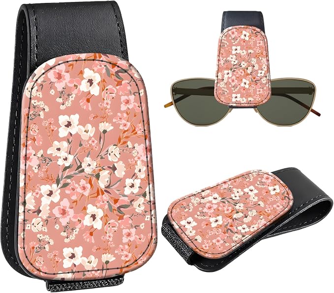 Leather Magnetic Sunglass Holder for Car Sun Visor, Cute Eyeglass Ticket Card Hanger Clip, Universal Auto Interior Accessories for SUV Pickup Truck, Peach Floral