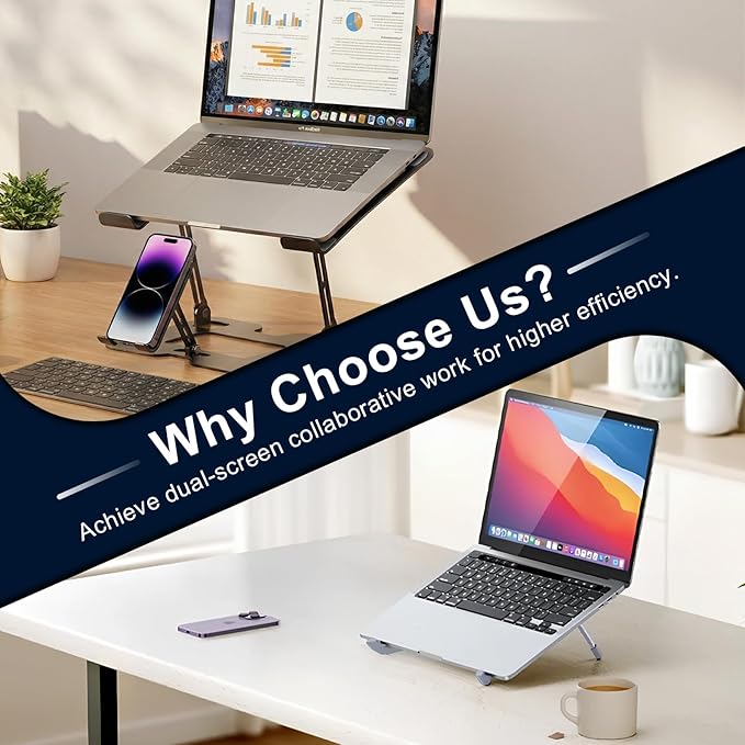 Alloy Steel Laptop Stand, Ergonomic 2-in-1 Laptop & Phone Stand, Adjustable & Portable Laptop Stand for Desk, Computer Stand, Compatible with MacBook Pro/Air and More 10-18" Laptops - Black