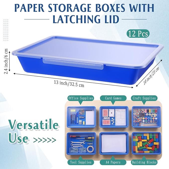 Tinlade 12 Pcs Classroom Paper Storage Bins with Clear Latching Lid, Label Stackable Letter Size Flat Tray Container for Teacher Back to School Supplies Home Office Desk Arts Crafts (Blue,13x10in)