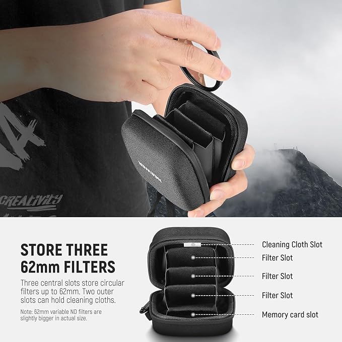 Neewer Storage Bag for 9 x 9 cm Filter, Shockproof Dustproof Waterproof Carrying Bag with Expandable Dividers, Wrist Strap and Carabiner for 3 Circular Filters 62 mm, PB11