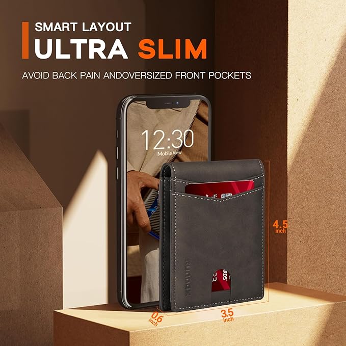 RUNBOX Wallet for Men Slim Leather Bifold RFID Blocking Minimalist Front Pocket Design with Gift Box