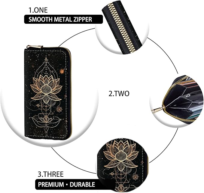 Women's RFID Blocking Zip Around Wallet with Detachable Wrist Strap, Large Capacity Credit Card Holder Organizer for Everyday Use,Magic Lotus Floral