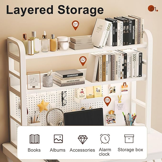 Desk Shelf, Desk Extension Shelf, Desk Extender Side Table, Heavy Duty Desktop Organizer, 3 Tier Desk Extension Shelving Unit for Table Accessories(75x93x25cm/30x37x10in)