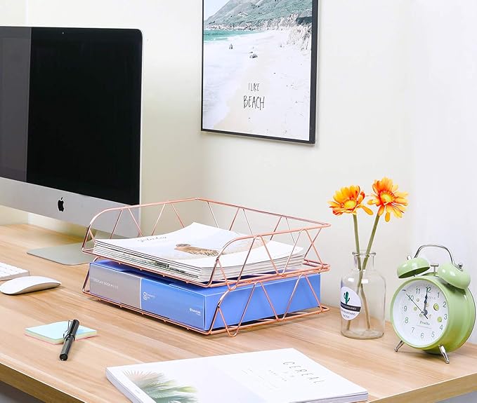 PAG 2 Packs Desktop File Organizer Metal Stackable Horizontal Letter Tray Paper Holder Rack, Rose Gold