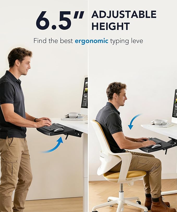 AX WABER Keyboard Tray Under Desk with Storage Drawer, Height Adjustable Keyboard Tray Slide Out 360° Swivel Tilt, Ergonomic Under Desk Mount Keyboard & Mouse Holder for Gaming Home Office, Black