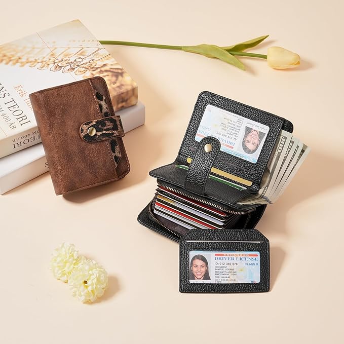 GAEKEAO Small Leather Credit Card Holder Wallets for Women RFID Blocking Bifold Wallet Zipper Pocket with Removable ID Window