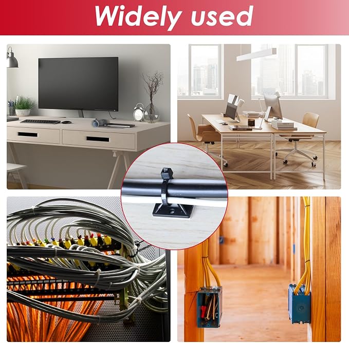 smseace 360Pcs Strong Back-Glue Self Adhesive Black Cable Zip Tie Mounts Kit with 6inch Zip Ties and Screws, UV Protection Outdoor Sticky Wire Fasteners Cable Clips Management