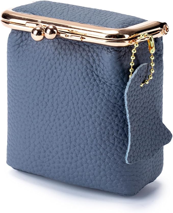 Litchi Leather Coin Purse for Women, Portable Vintage Wallet Mini Lipstick Holder Fashion Solid Color Kiss Lock Key Storage Square Pouch (Blue)