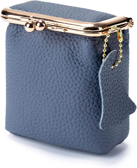 Litchi Leather Coin Purse for Women, Portable Vintage Wallet Mini Lipstick Holder Fashion Solid Color Kiss Lock Key Storage Square Pouch (Blue)