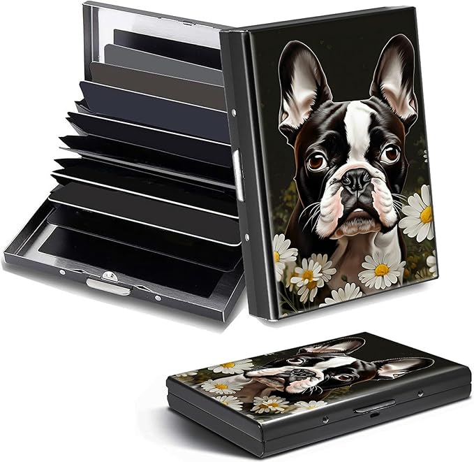 Credit Card Holder, Boston Terrier Dog Design Mini RFID Blocking Aluminum Wallet Slim Metal Hard Case Shell Travel Wallet ID Case Small Credit Cards Case Business Cards for Women Men Girls
