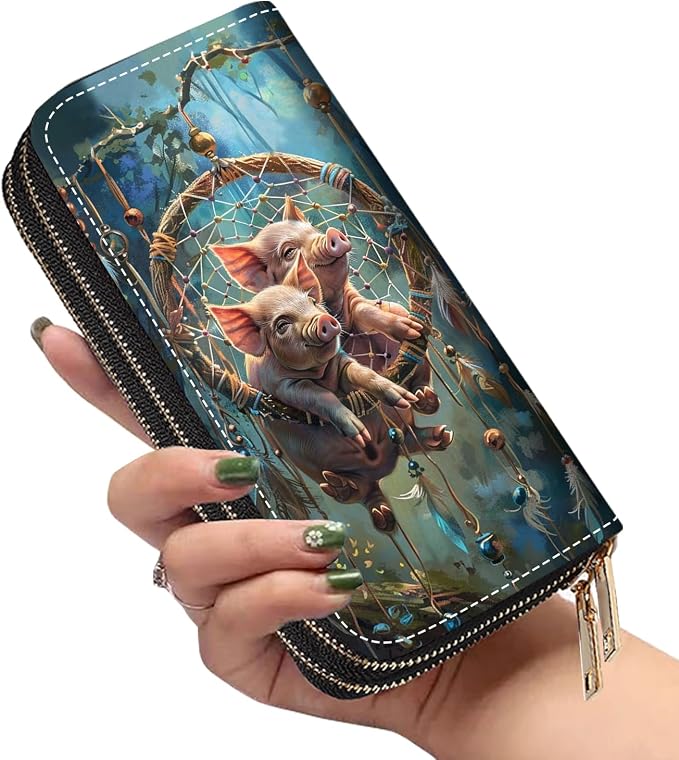 Women's Large Capacity Wallet PU Leather Double Zipper Clutch Purse Multifunctional Wallet with Removable Wristlet Strap for Smart Phone/Coin/Card/Cash, Dream Catcher Pig