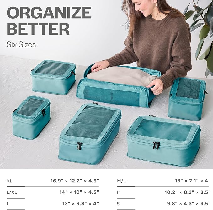 Aerotrunk Compression Packing Cubes for Travel - Luggage Organizer Bags - Double Zipper Packing Cubes for Suitcases (12-Pack, Teal)