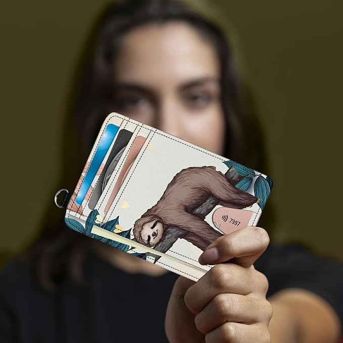 Small Travel Wallets, Sloth Slim Minimalist Front Pocket Wallet with Wristlet, RFID Blocking PU Leather Credit Card Holder with ID Window Change Purse for Men Women